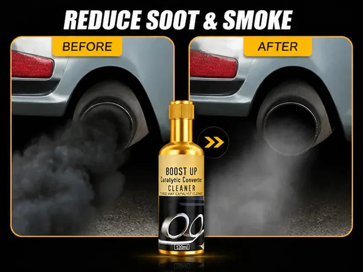 Catalytic converter cleaner before and after soot and smoke reduction graphic