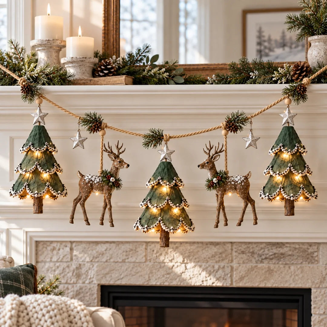 Handcrafted Woodland Christmas Garland with Warm Lights