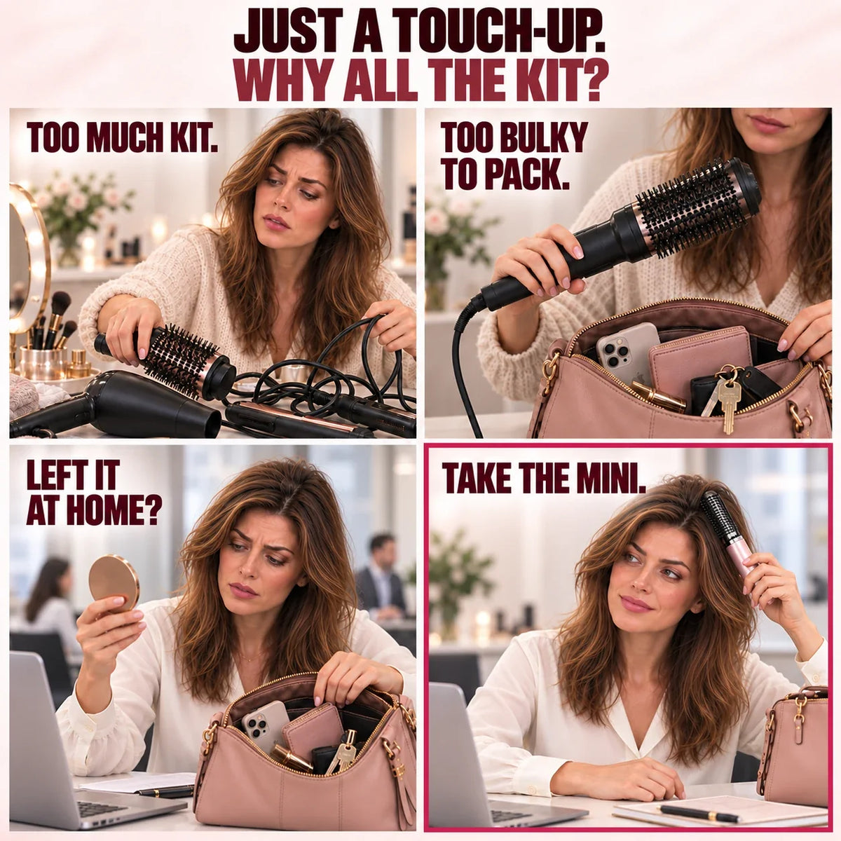 Mini Cordless Heated Brush – Root Lift, Fringe Styling & On-the-Go Hair Touch-Ups🍀