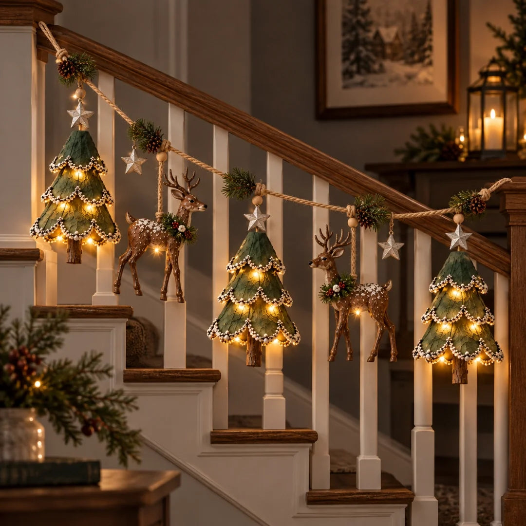 Handcrafted Woodland Christmas Garland with Warm Lights