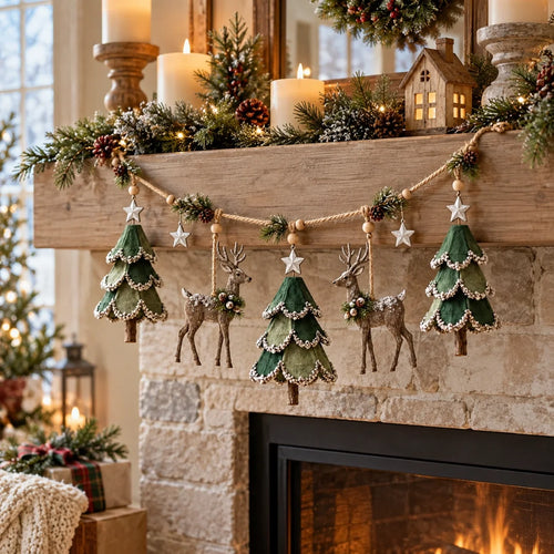 Handcrafted Woodland Christmas Garland with Warm Lights