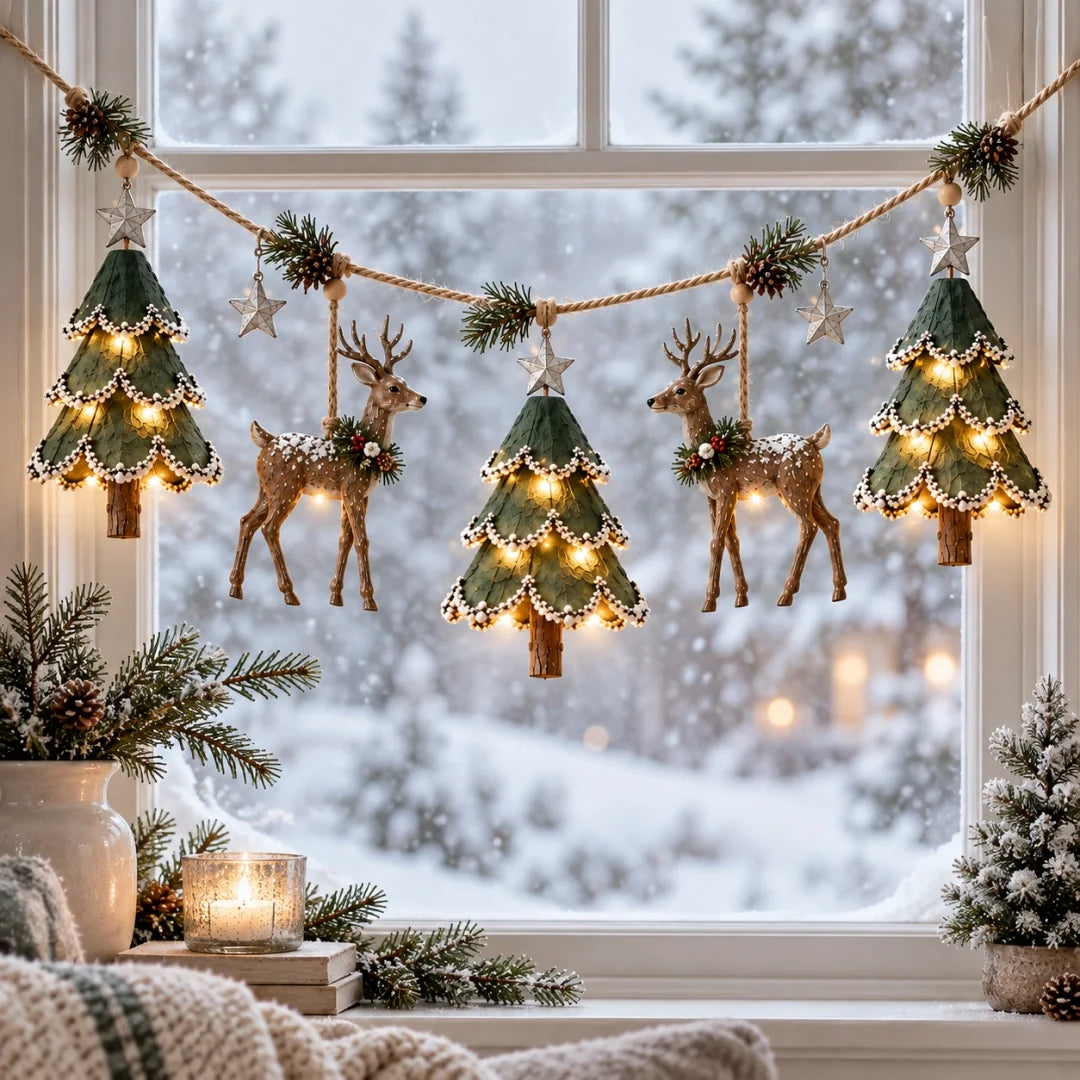 Handcrafted Woodland Christmas Garland with Warm Lights