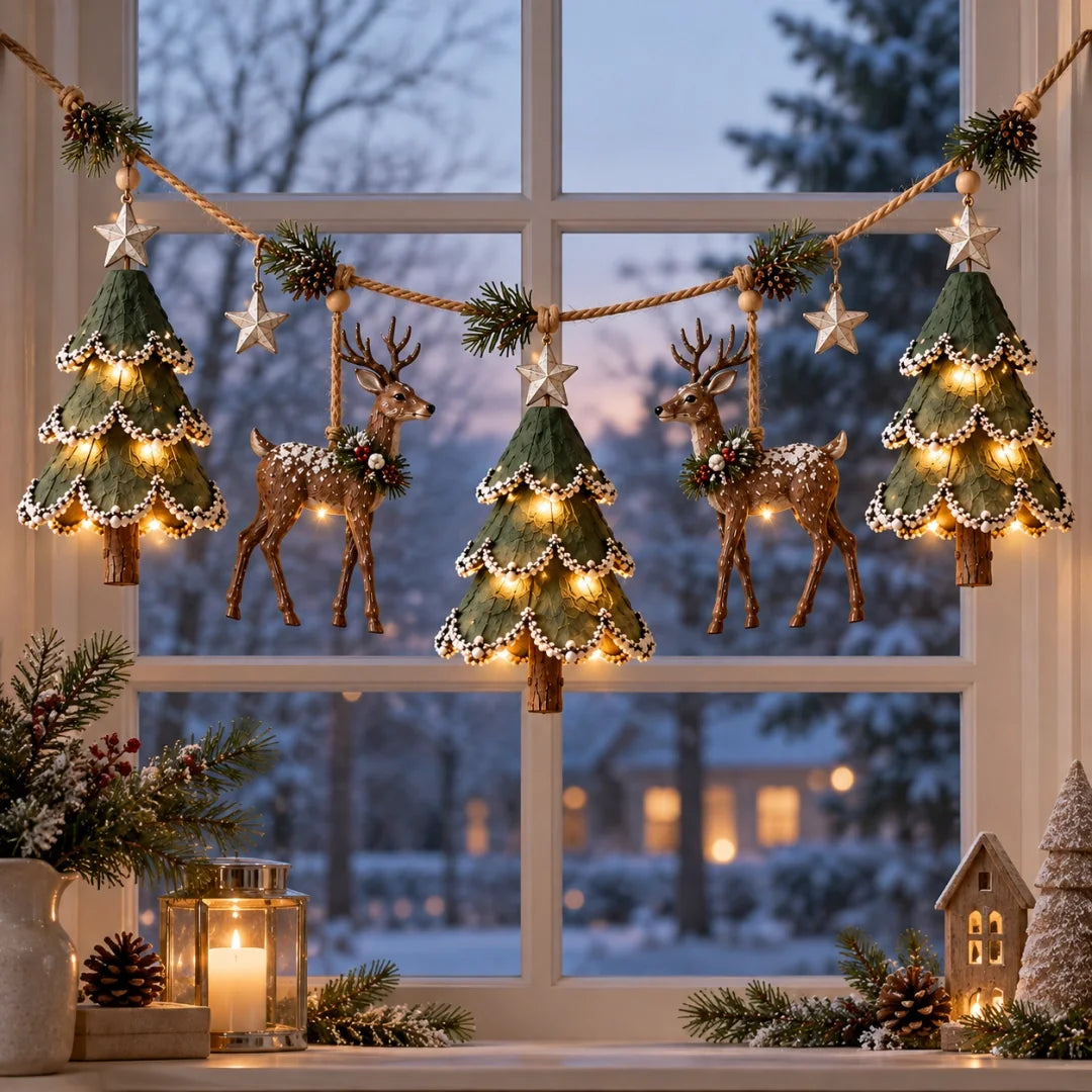 Handcrafted Woodland Christmas Garland with Warm Lights