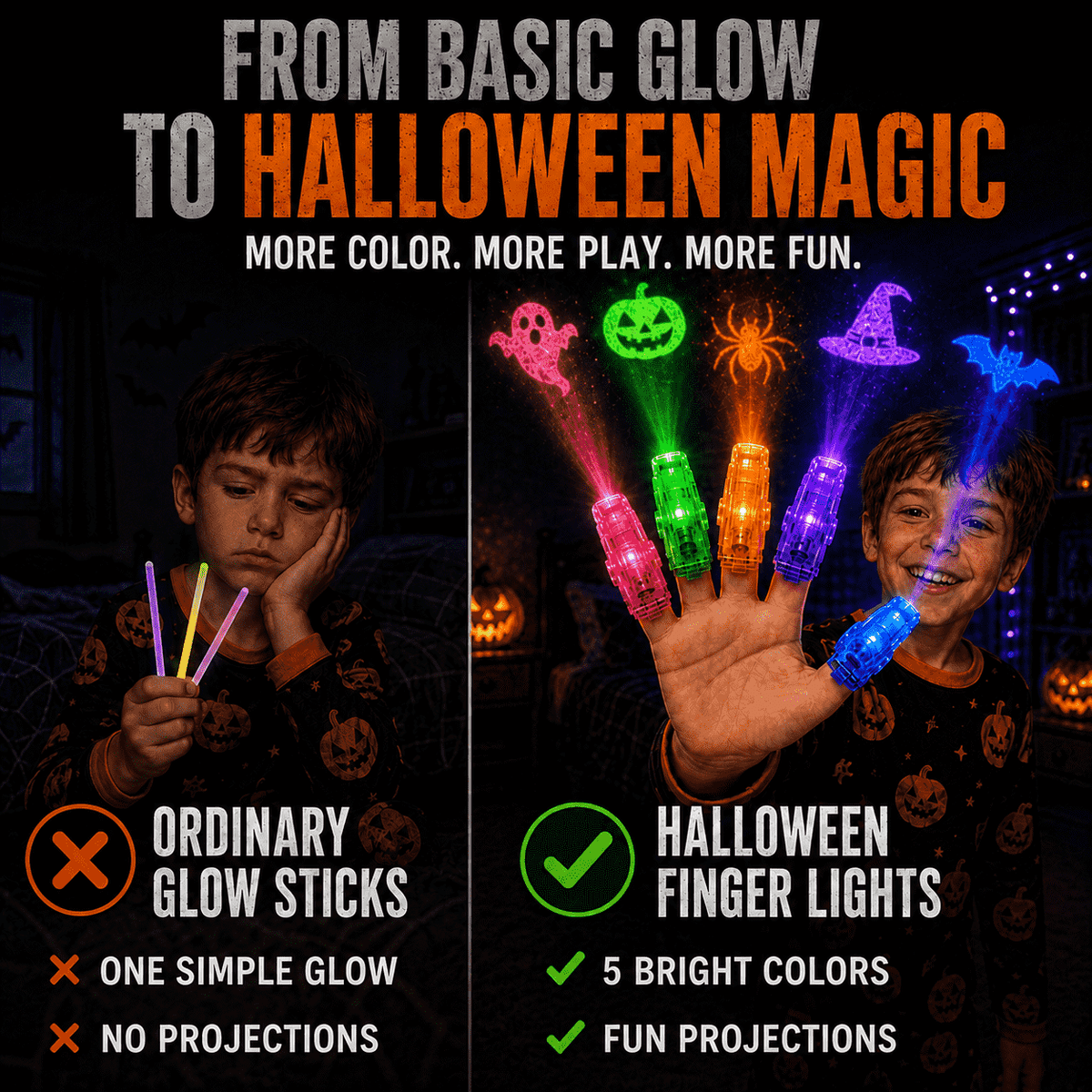 Halloween Finger Lights, Fun Multi-Design Glow Toys for Kids, Party Favors, Decorations & Gifts