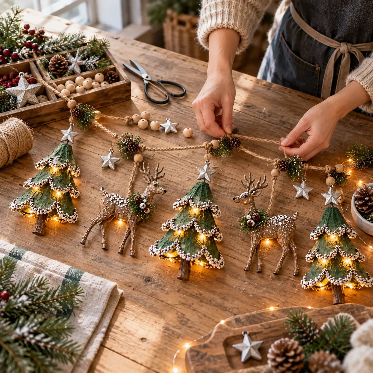 Handcrafted Woodland Christmas Garland with Warm Lights