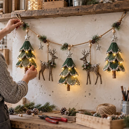 Handcrafted Woodland Christmas Garland with Warm Lights