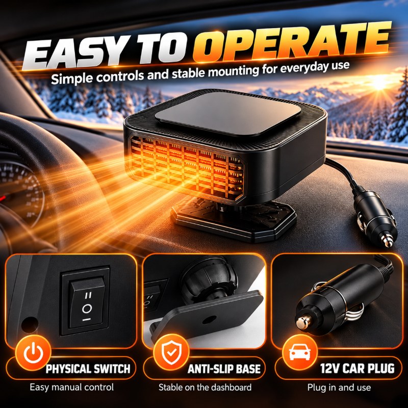 Portable Car Heater Defroster with 360-Degree Rotating Base