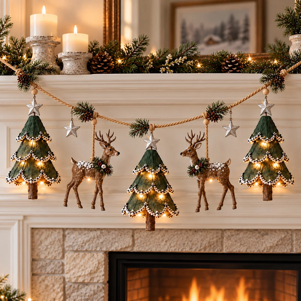 Handcrafted Woodland Christmas Garland with Warm Lights