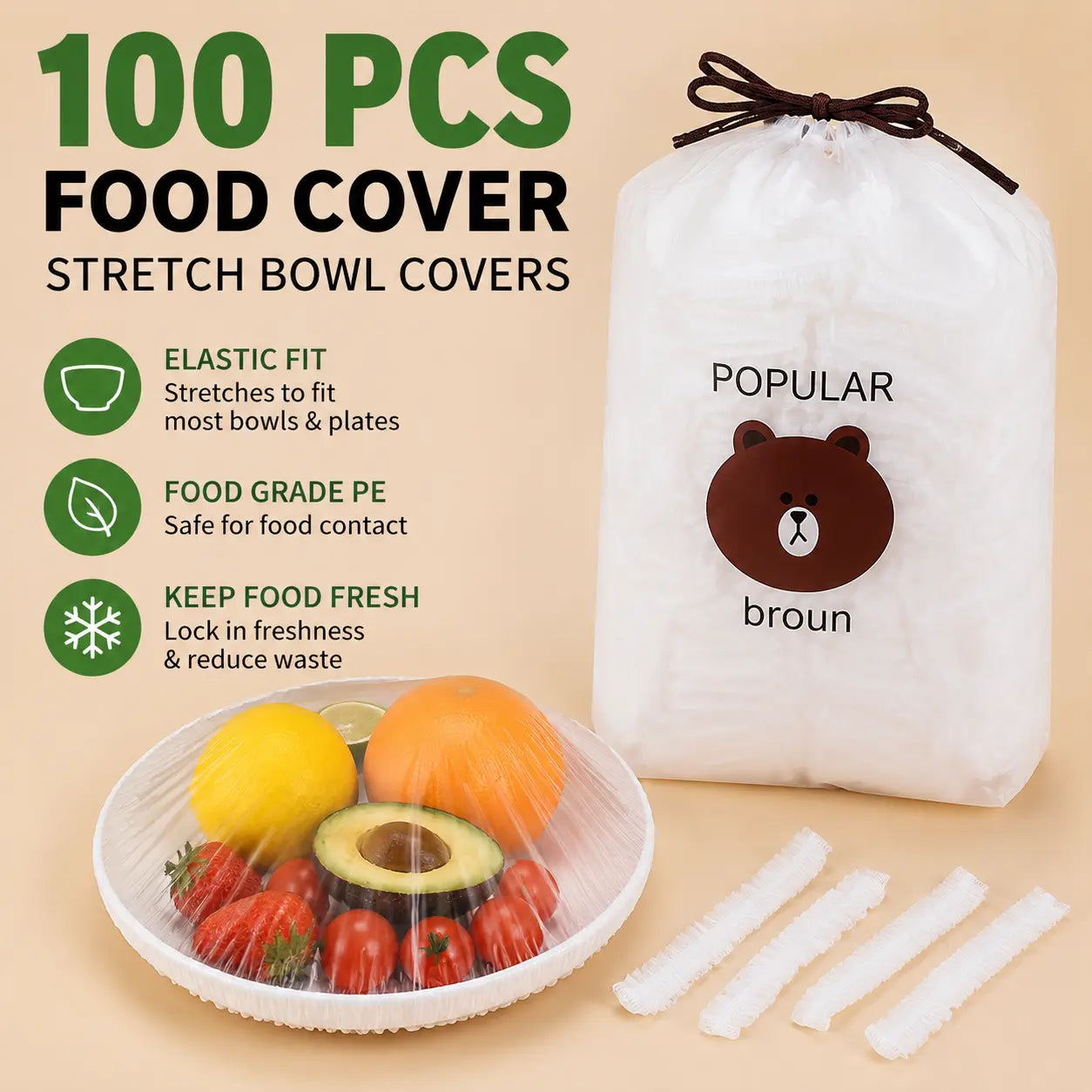 100PCS Stretch Food Covers – Elastic Bowl Covers for Leftovers, Fruits & Vegetables, Plastic Wrap Alternative for Kitchen Storage