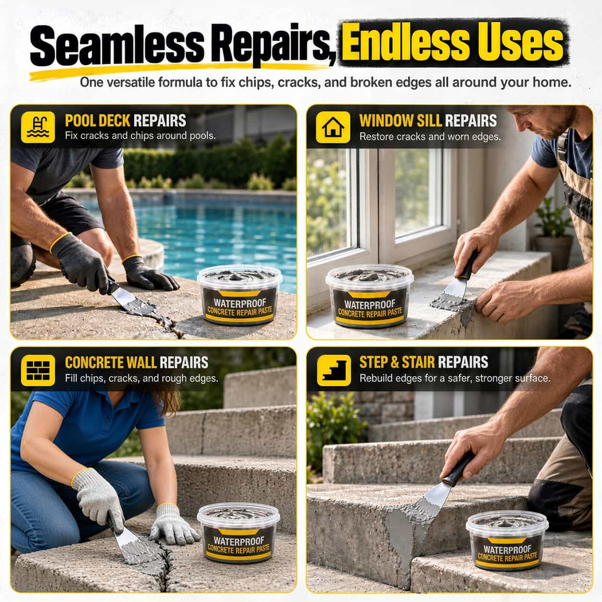 Waterproof Concrete Wall, Floor & Step Repair Paste – For Cracks, Holes & Chips🛡️