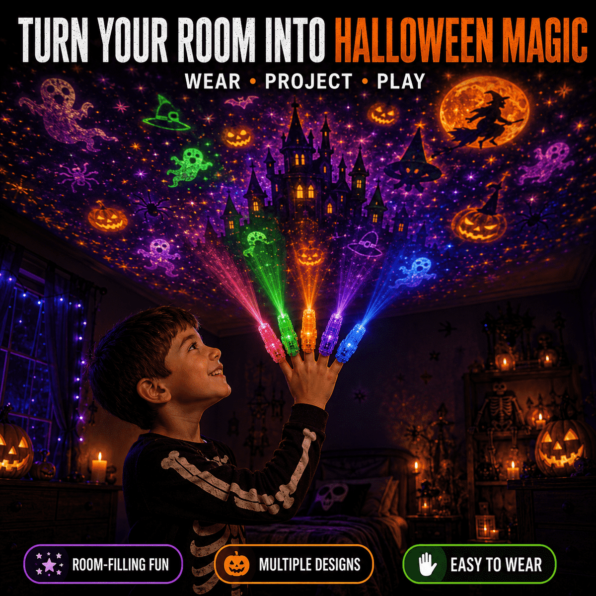 Halloween Finger Lights, Fun Multi-Design Glow Toys for Kids, Party Favors, Decorations & Gifts