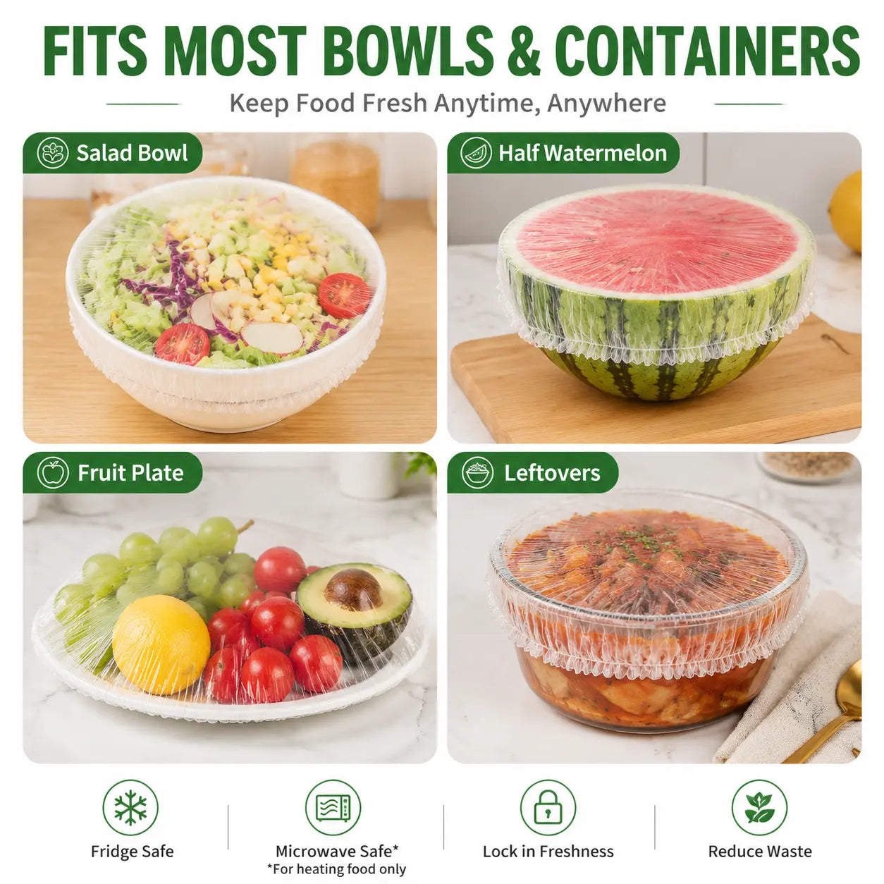100PCS Stretch Food Covers – Elastic Bowl Covers for Leftovers, Fruits & Vegetables, Plastic Wrap Alternative for Kitchen Storage