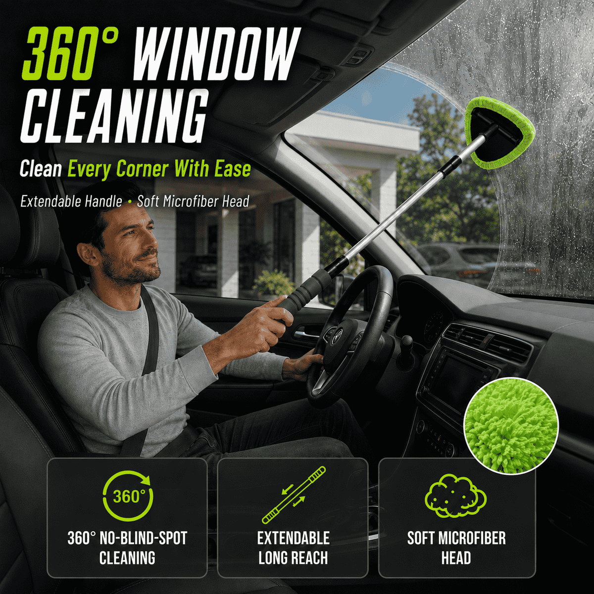Car Windshield Cleaning Brush — Extendable Microfiber for 360° Window Cleaning🍇