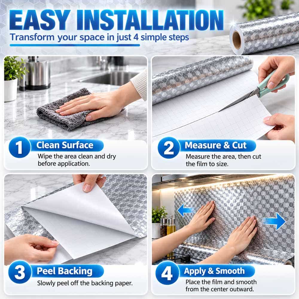 Kitchen & Home Self-Adhesive Aluminum Foil Surface Protector – Easy to Clean, Oil & Splash Resistant, Removes Cleanly Without Sticky Residue ✨