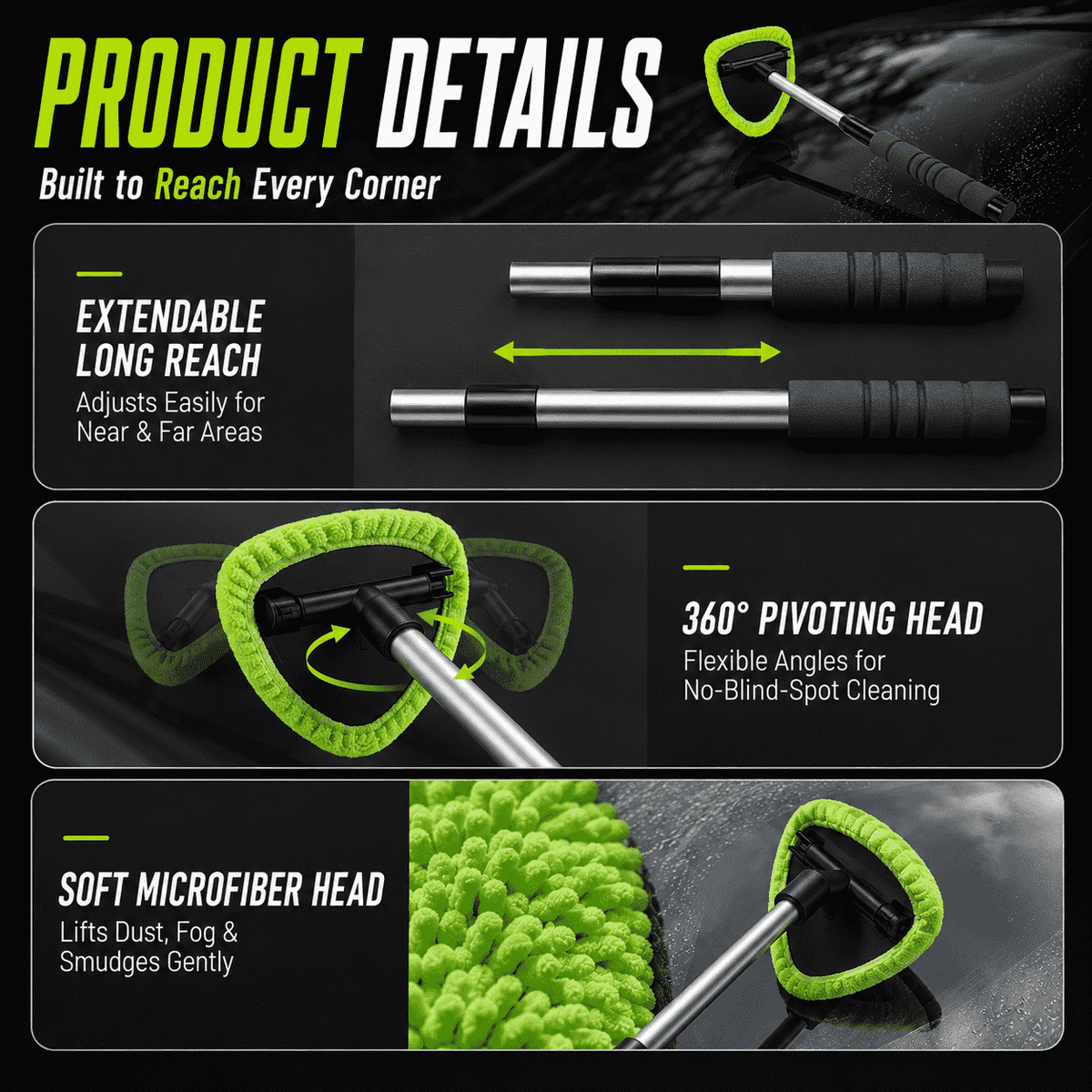 Car Windshield Cleaning Brush — Extendable Microfiber for 360° Window Cleaning🍇