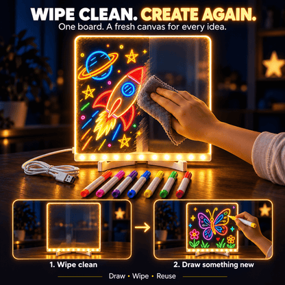 Kids’ LED Glow Drawing Board – Reusable DIY Art Kit with 7 Color Pens, Wipe Cloth & Stand