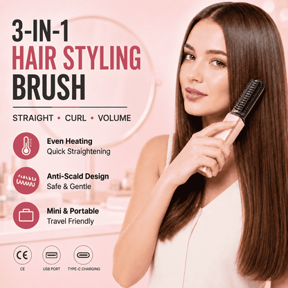 3-in-1 Anti-Scald Hair Styling Brush | Straighten, Curl & Volumize🍀