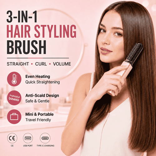 3-in-1 Anti-Scald Hair Styling Brush | Straighten, Curl & Volumize🍀
