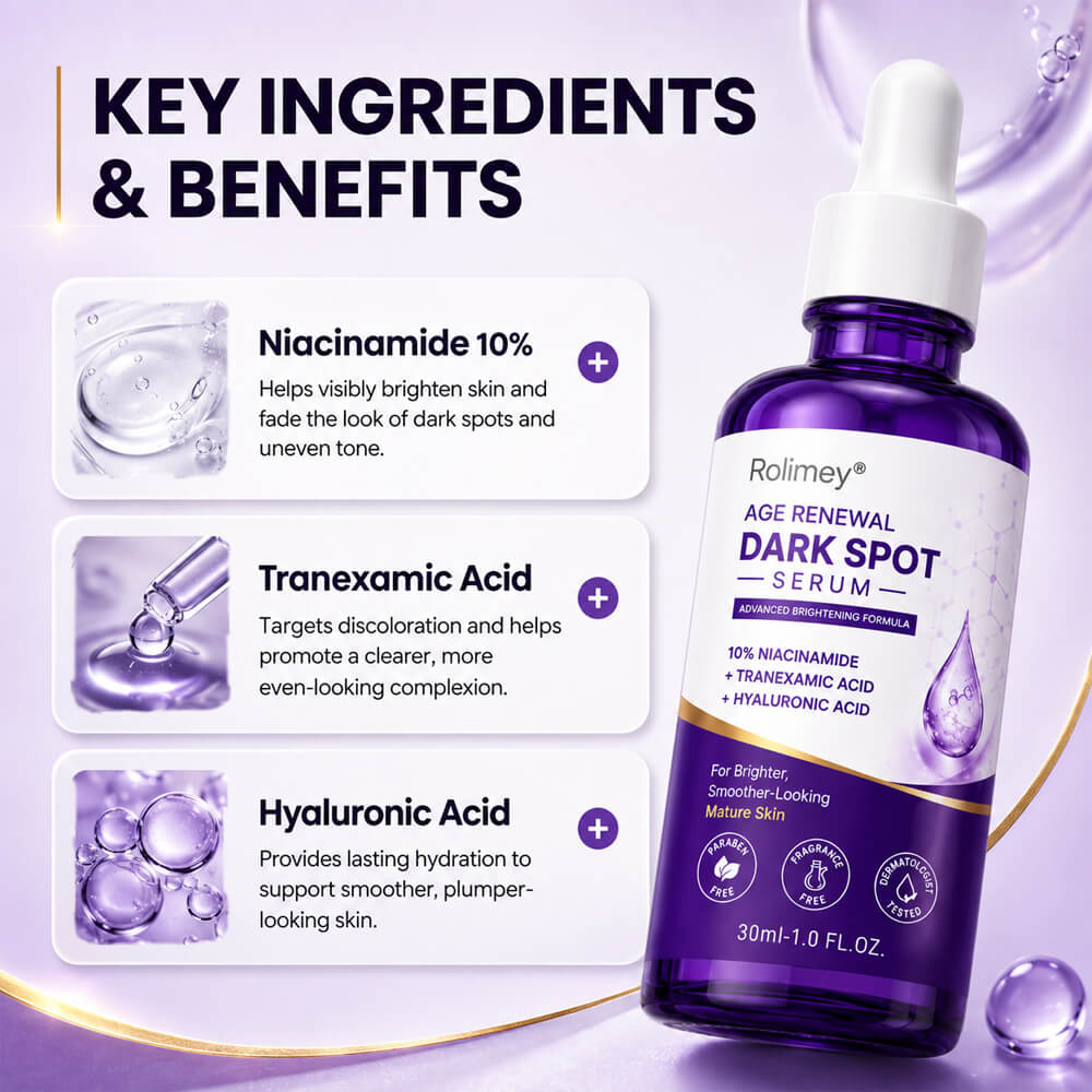 🍀 Rolimey® Age Renewal Dark Spot Serum — Infused with 10% Niacinamide, Tranexamic Acid & Hyaluronic Acid for Brighter, Smoother-Looking Mature Skin 🌼