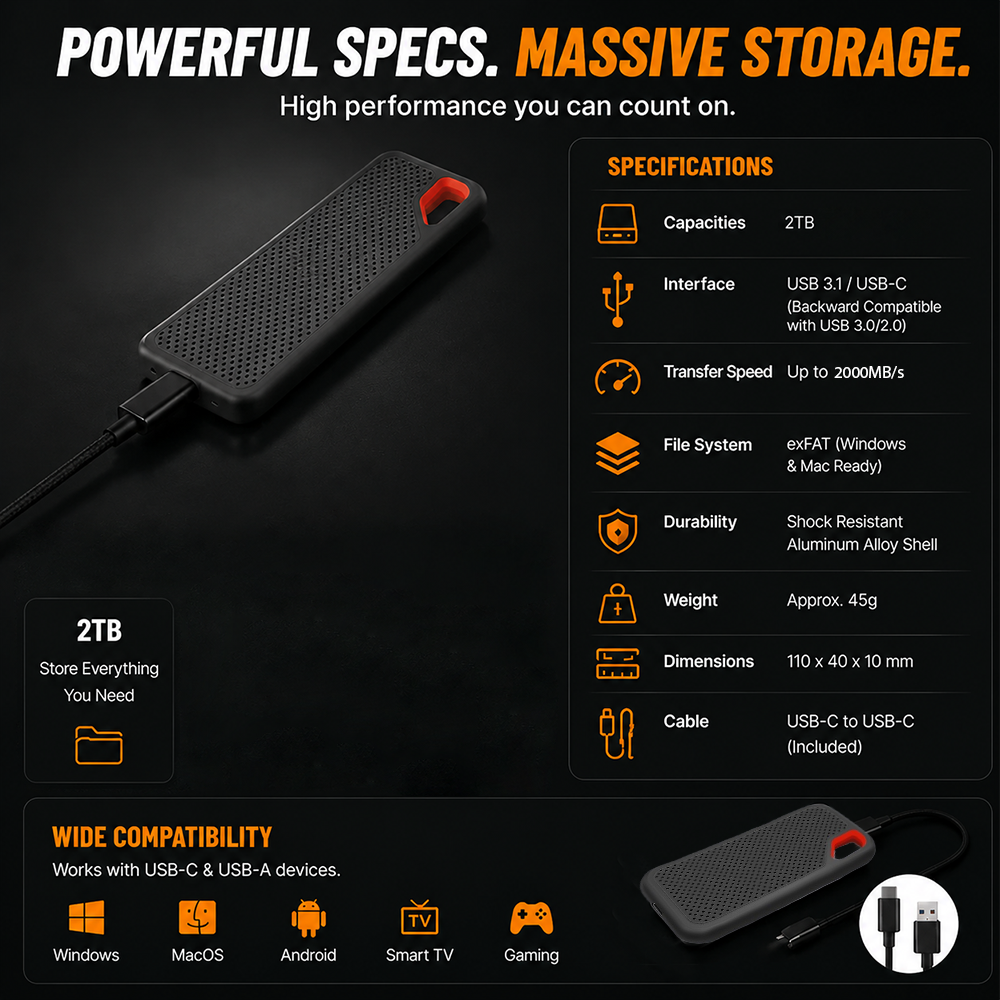 ⚡2TB Type-C Portable Mini SSD | High-Speed External Storage Drive for Laptop, Desktop & Smartphone