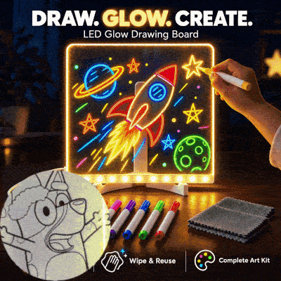 Kids’ LED Glow Drawing Board – Reusable DIY Art Kit with 7 Color Pens, Wipe Cloth & Stand
