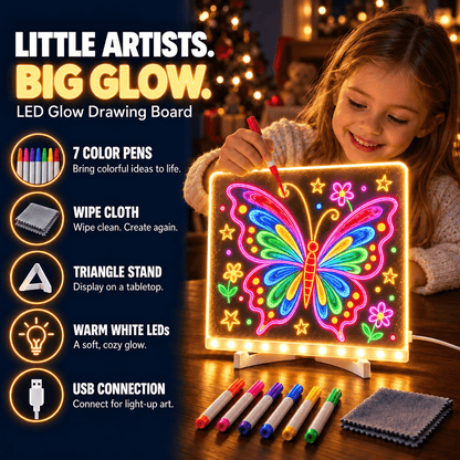 Kids’ LED Glow Drawing Board – Reusable DIY Art Kit with 7 Color Pens, Wipe Cloth & Stand