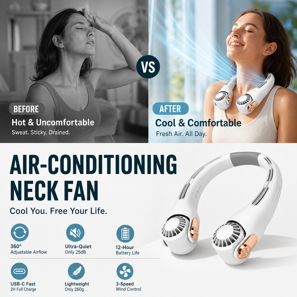 🥳2026 HOT SALE🥳💞50K+ SOLD!🍃💨 50% OFF! Neck Air Conditioner Fan – Ultra‑quiet, 360° rotating, 3 speeds. Hands‑free cooling, long battery. Summer essential! 😎🌬️