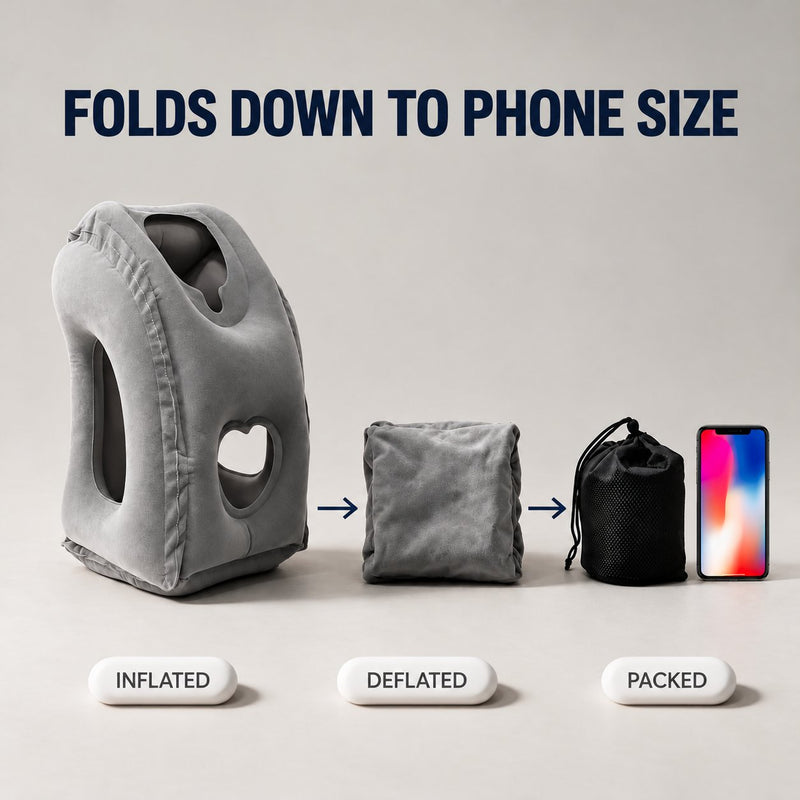 Inflated rest pillow, folded pillow, and packed pouch shown beside a phone
