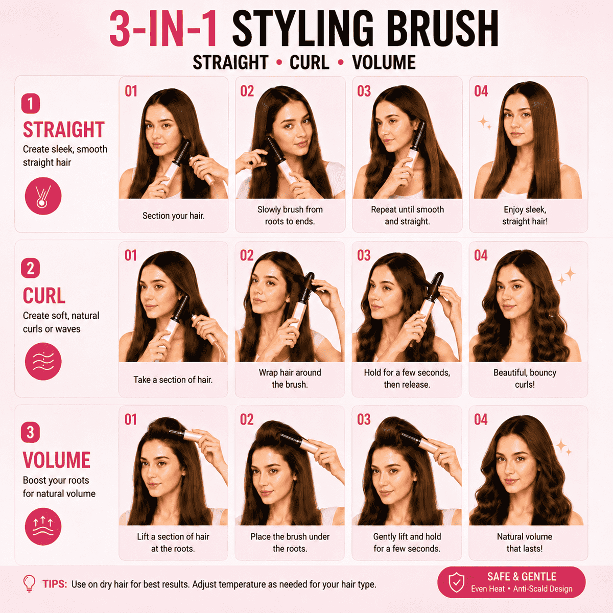 3-in-1 Anti-Scald Hair Styling Brush | Straighten, Curl & Volumize🍀