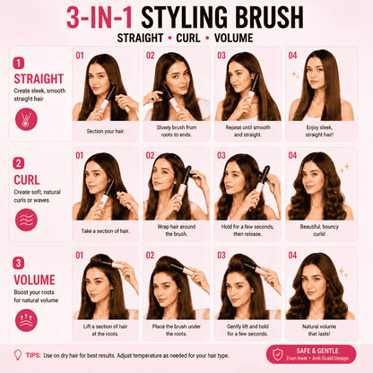 3-in-1 Anti-Scald Hair Styling Brush | Straighten, Curl & Volumize🍀