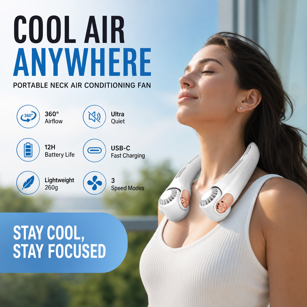 🥳2026 HOT SALE🥳💞50K+ SOLD!🍃💨 50% OFF! Neck Air Conditioner Fan – Ultra‑quiet, 360° rotating, 3 speeds. Hands‑free cooling, long battery. Summer essential! 😎🌬️