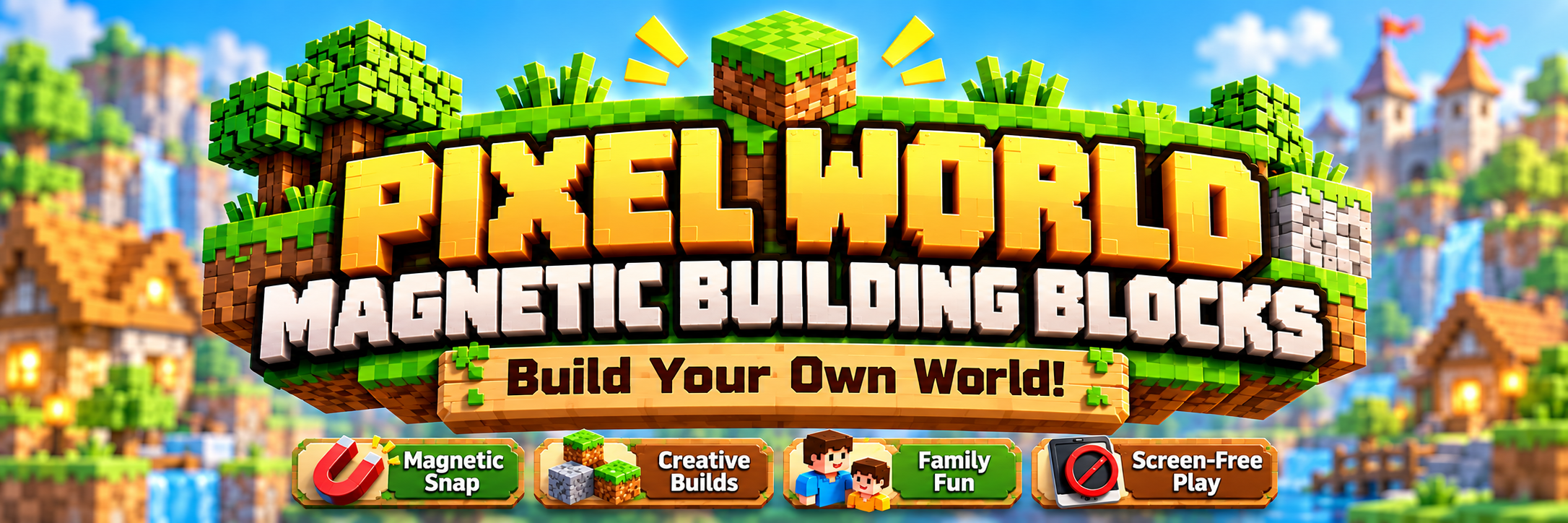 Pixel village title card: magnetic building blocks with Magnetic Snap, Creative Builds, Family Fun, and Screen-Free Play.