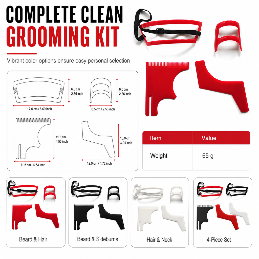 ❤️Red 4-Piece Beard Shaping Tool and Hair Styling Comb Set with Neckline Hair Trimming
