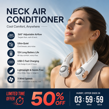 🥳2026 HOT SALE🥳💞50K+ SOLD!🍃💨 50% OFF! Neck Air Conditioner Fan – Ultra‑quiet, 360° rotating, 3 speeds. Hands‑free cooling, long battery. Summer essential! 😎🌬️